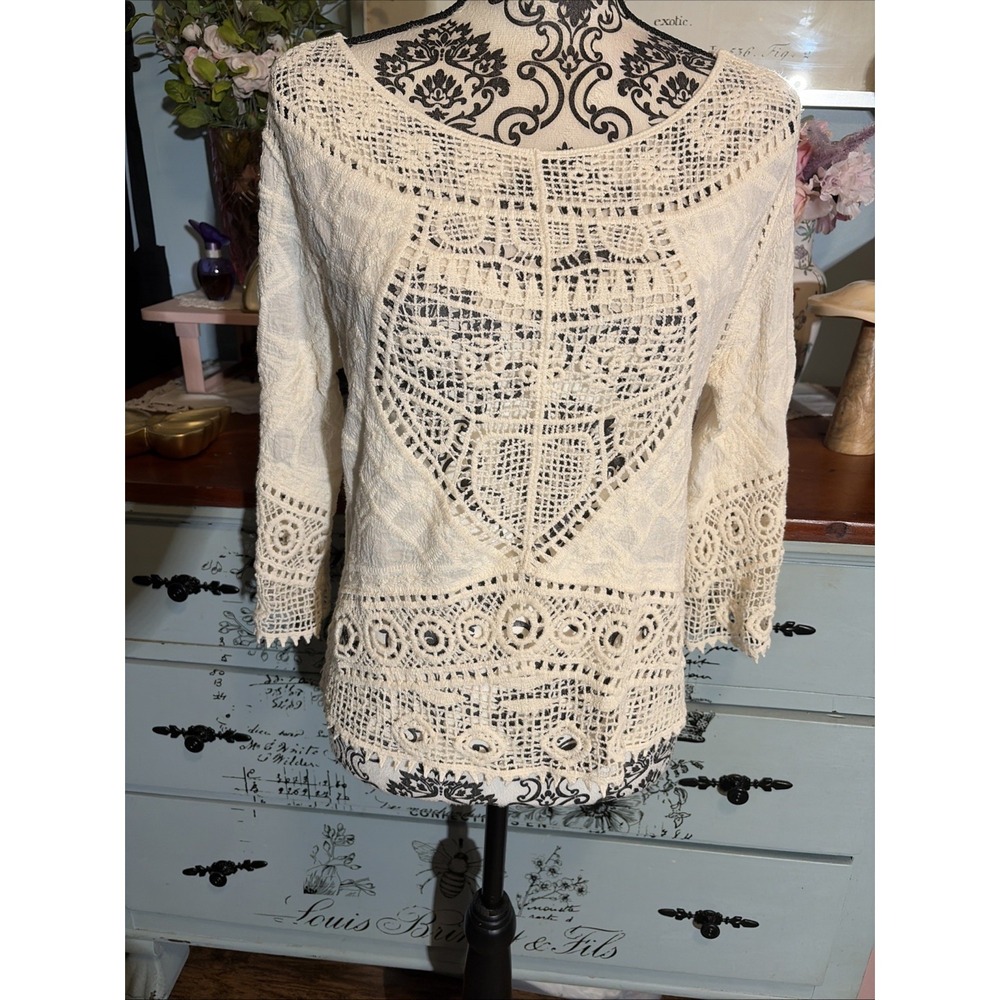 Ultra Pink Boho Crochet Blouse Sz Small. 100% Cotton. Fall, Natural. Beige.